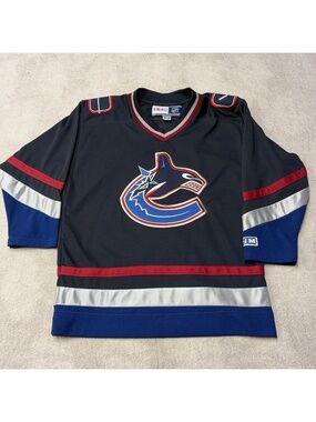 Vintage 90s CCM Vancouver Canucks Orca Home Jersey Dark Blue Hockey Youth L/XL